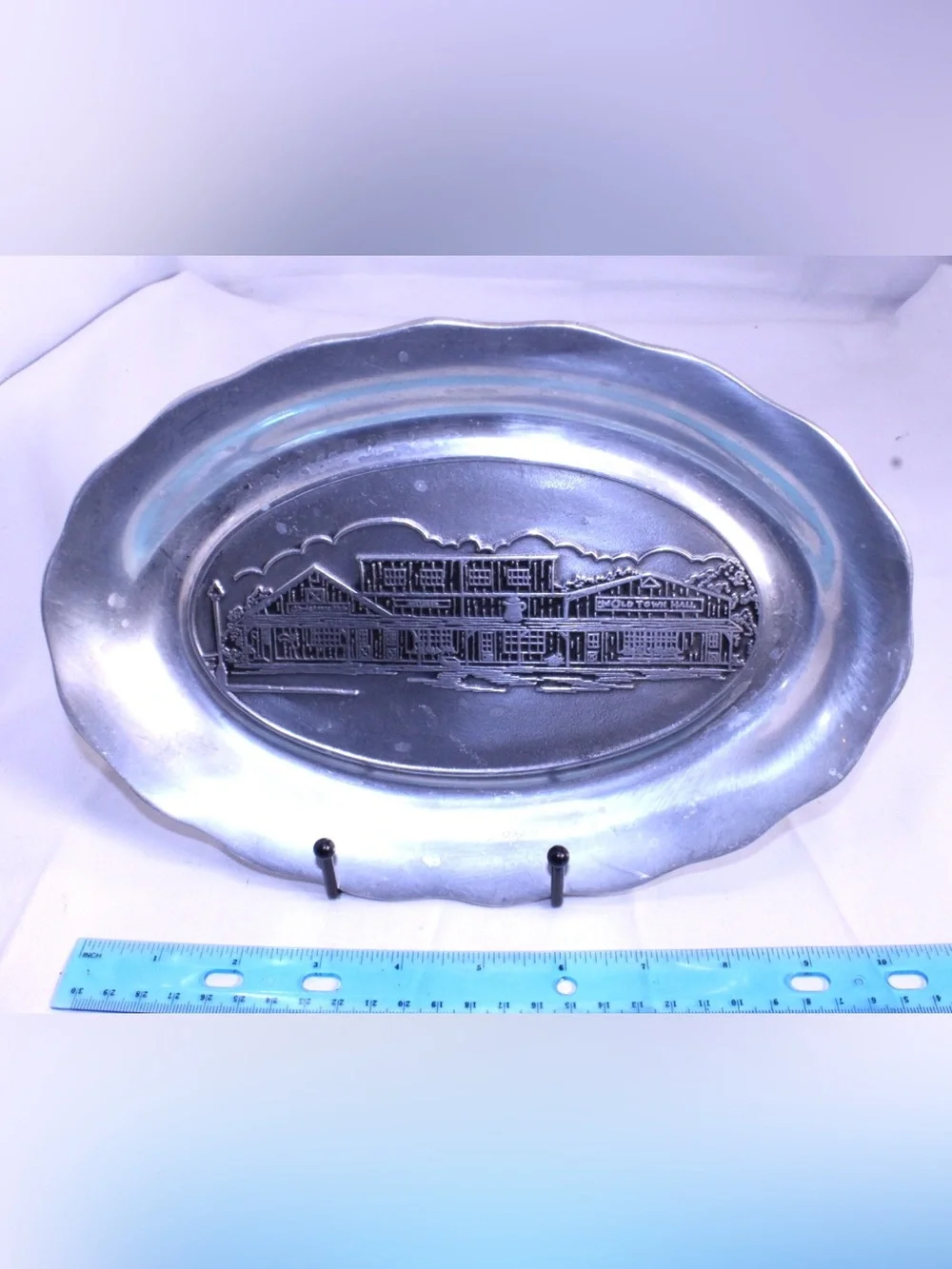 Vintage Pewter Oval Platter Old Town Hall Commemorative Embossed Serving Plate